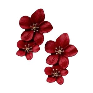 Big Red Double Flower Earrings 3D Hibiscus Statement Flowers Bohemian Floral
